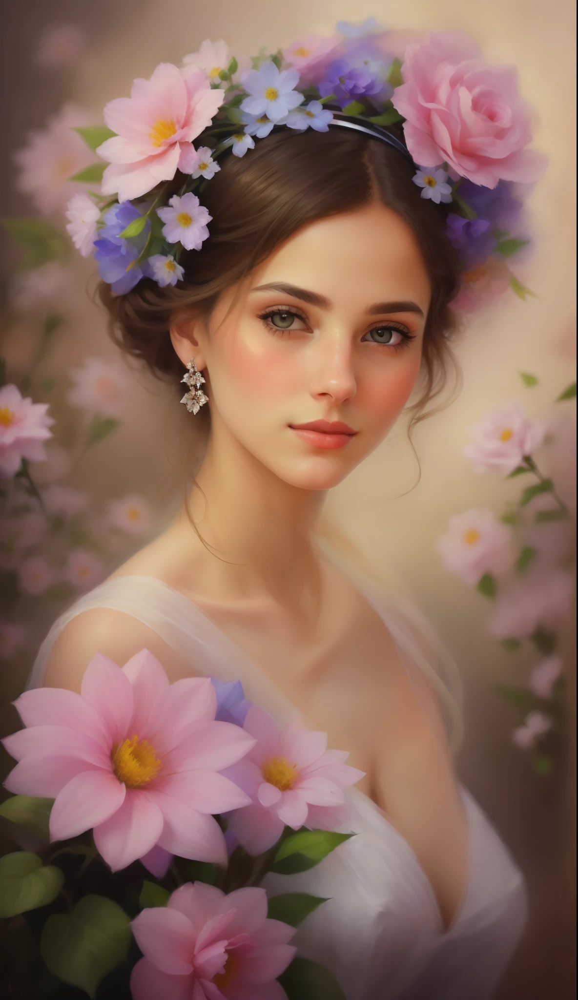 Picture of a woman with flowers in her hair, the picture is beautiful, elegant digital painting, beautiful portrait image, very beautiful portrait, Female portrait, beautiful feminine face, beautiful gorgeous digital art, beautiful picture, detailed beautiful portrait, Beautiful art, beautiful digital art, Realistic picture of a cute girl, beautiful digital artwork, feminine beautiful face, beautiful digital painting, gorgeous face portrait