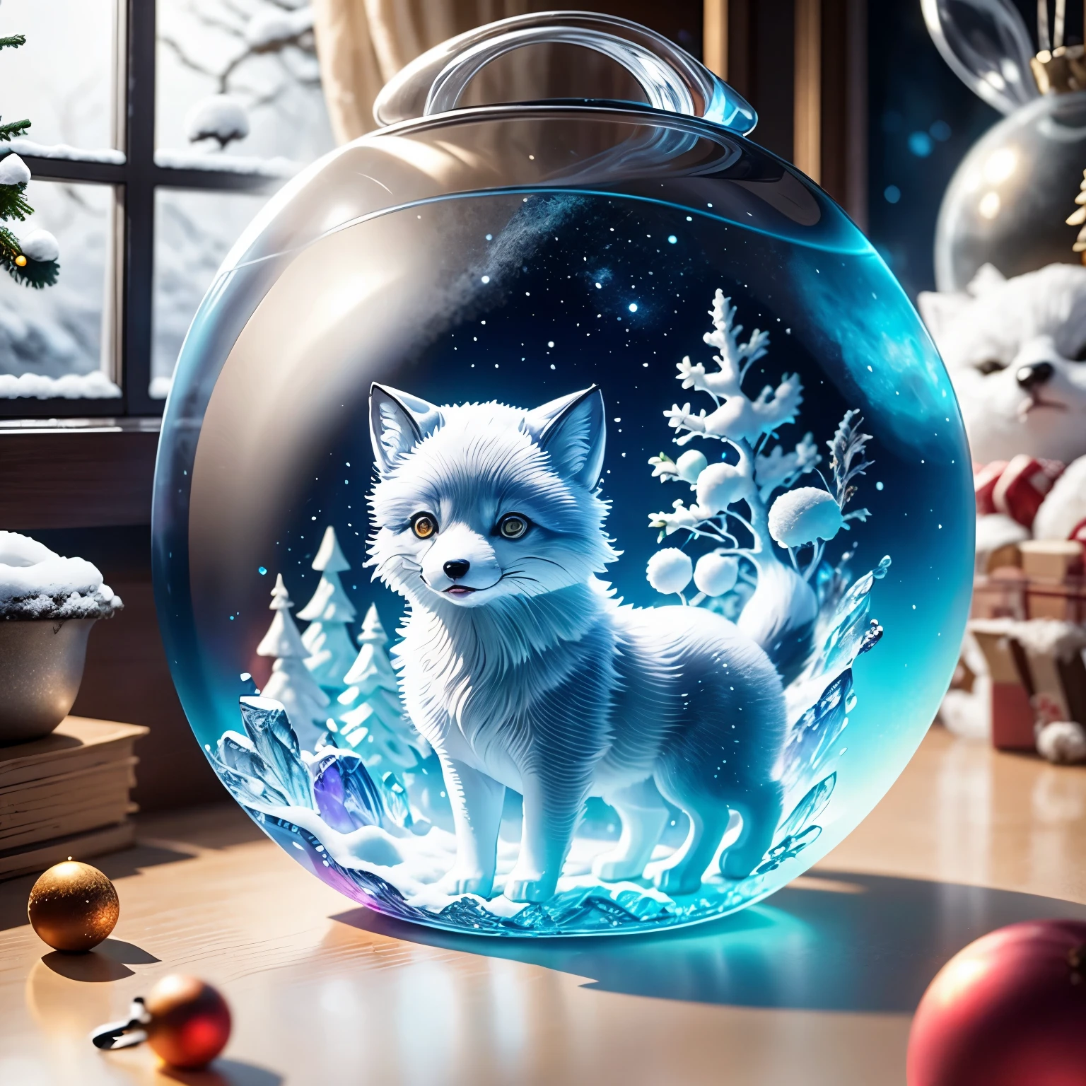 (La beste Qualität,Hohe Auflösung,Super detailliert,tatsächlich)，Polarfuchs aus Gelee geformt，Schnee，im Raum，Weihnachtsdekoration，umgeben von Weihnachtsgeschenken，（（Ein Meisterwerk voller Fantasy-Elemente）））， （（beste Qualität））， （（komplizierte Details））（8k）