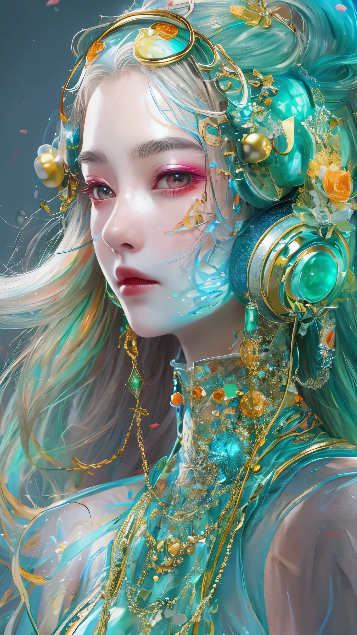 Tang suit，Chinese Hanfu，a image of a woman wearing colorful robot tech, in the style of free-flowing surrealism, shiny/glossy, precise and lifelike, hard surface modeling, precisionist lines, light silver and azure, engineering/construction and design，Luminous headphones, Luminous hair accessories, long hair, Luminous earrings, glow necklace, cyberpunk,transparent clothes，rainbow colors