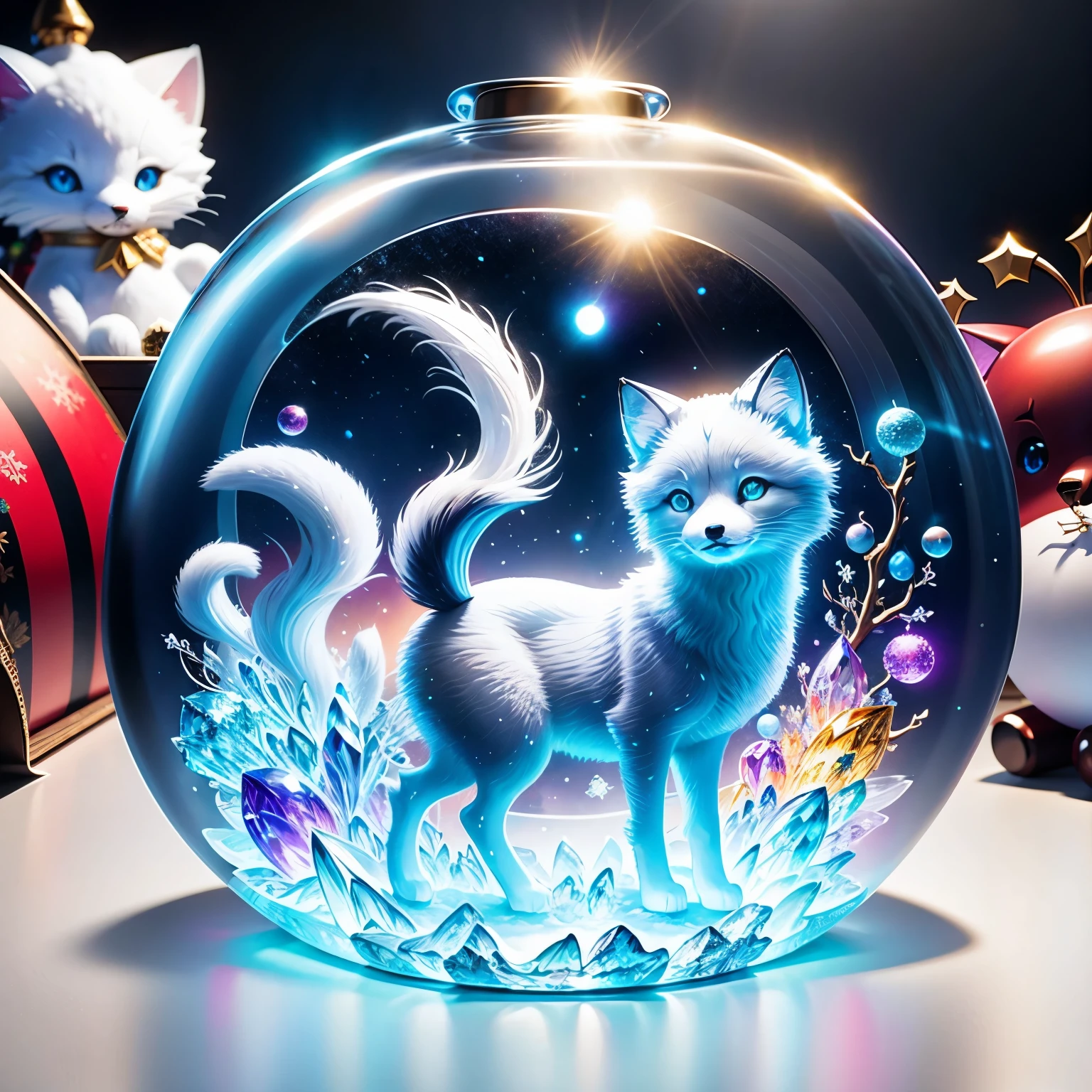 (La best quality,high resolution,super detailed,actual)，Arctic fox formed from jelly，snow，in the room，Christmas decoration，surrounded by christmas gifts，（（A masterpiece full of fantasy elements）））， （（best quality））， （（intricate details））（8k）