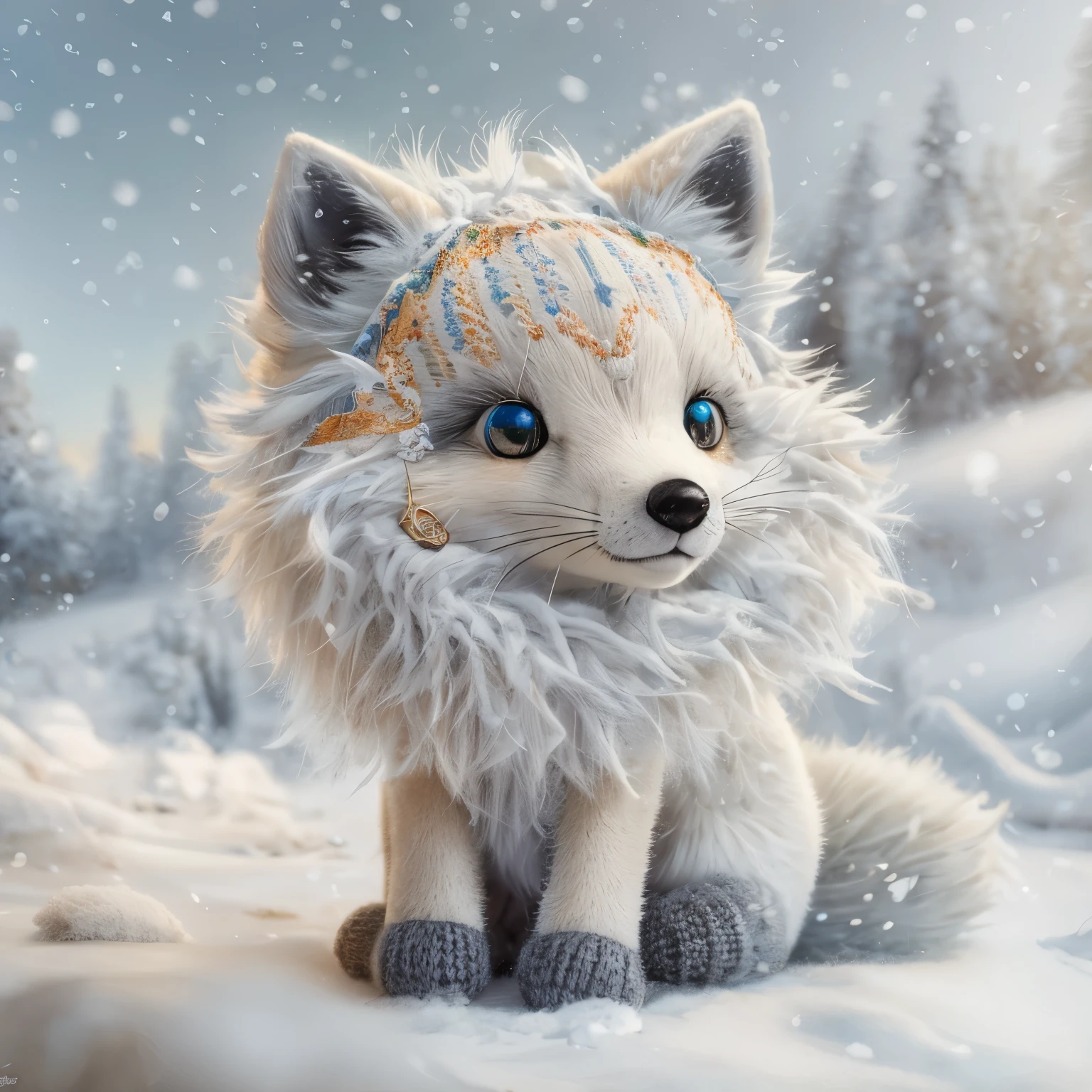 (La best quality,high resolution,super detailed,actual),Cute knitted arctic fox，in the snow，smiley face，（（A masterpiece full of fantasy elements）））， （（best quality））， （（intricate details））（8k）