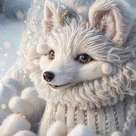 (La best quality,high resolution,super detailed,actual),Cute knitted arctic fox，in the snow，smiley face，（（A masterpiece full of ...