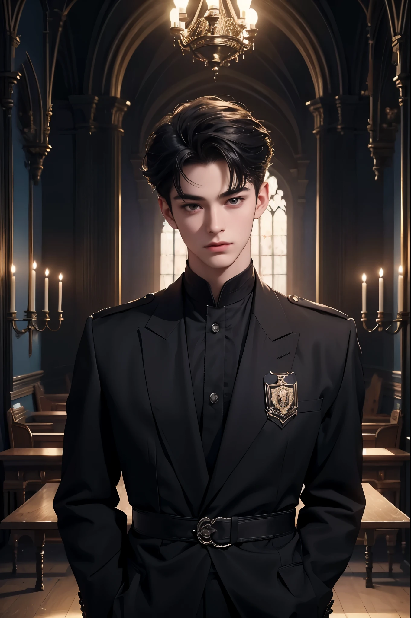 ((Best quality)), ((masterpiece)), (detailed), ((perfect face)), ((halfbody)) perfect proportions ,He is a handsome student, 18 years old, short hair, topless in uniform, there is a background of a school gothic room with lit candles, gnostic vibe ((perfect face))