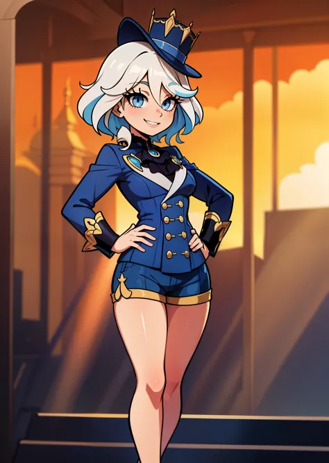 [furina], ((masterpiece)), ((HD)), ((high res)), ((solo portrait)), ((waist-up)), ((front view)), ((beautiful render art)), ((anime)), ((detailed shading)), {(attractive), (slim figure), (curly white hair), (blue highlights in hair), (cute blue eyes), (het...