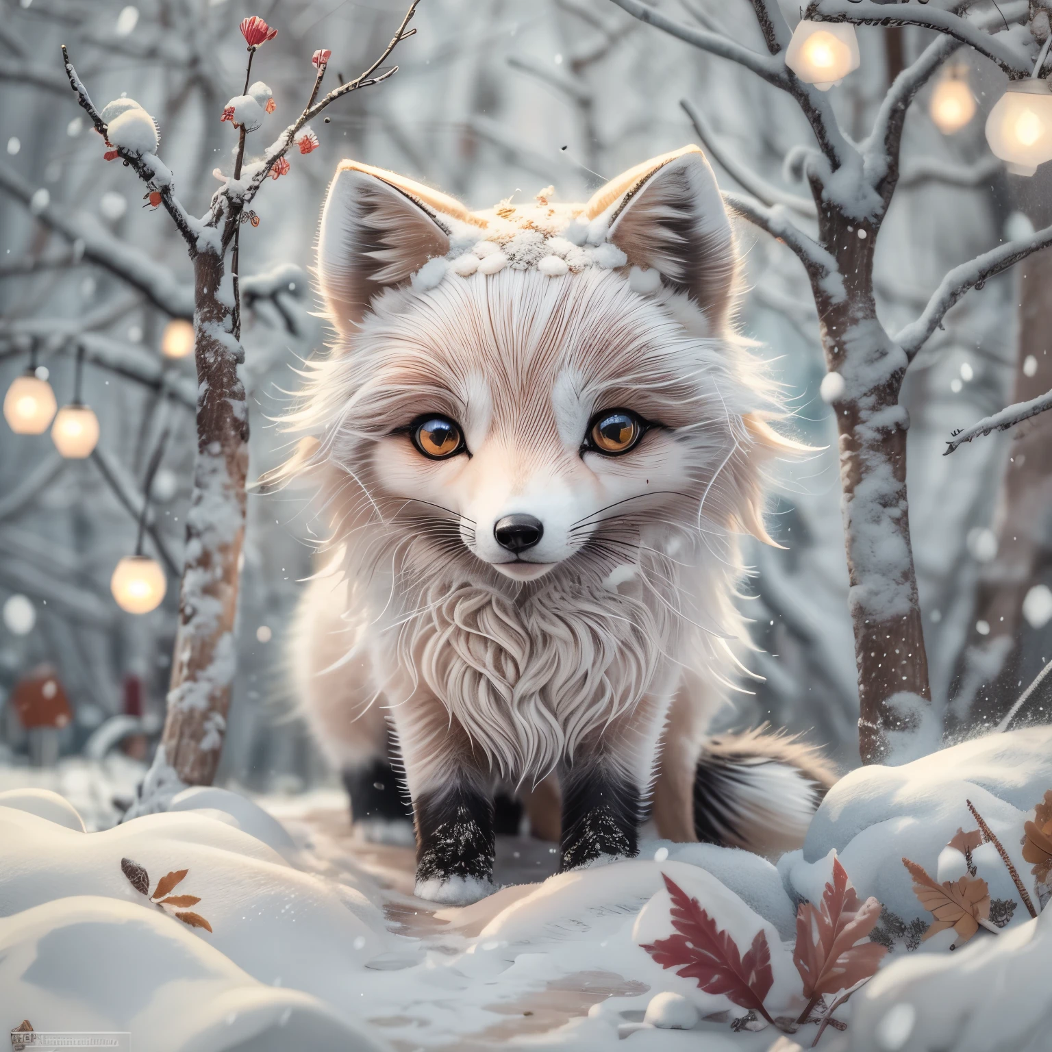 (La best quality,high resolution,super detailed,actual),Cute knitted arctic fox，in the snow，smiley face，（（A masterpiece full of fantasy elements）））， （（best quality））， （（intricate details））（8k）