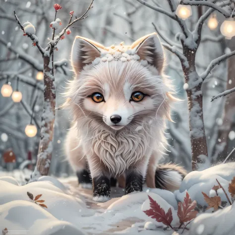 (la best quality,high resolution,super detailed,actual),cute knitted arctic fox，in the snow，smiley face，（（a masterpiece full of ...