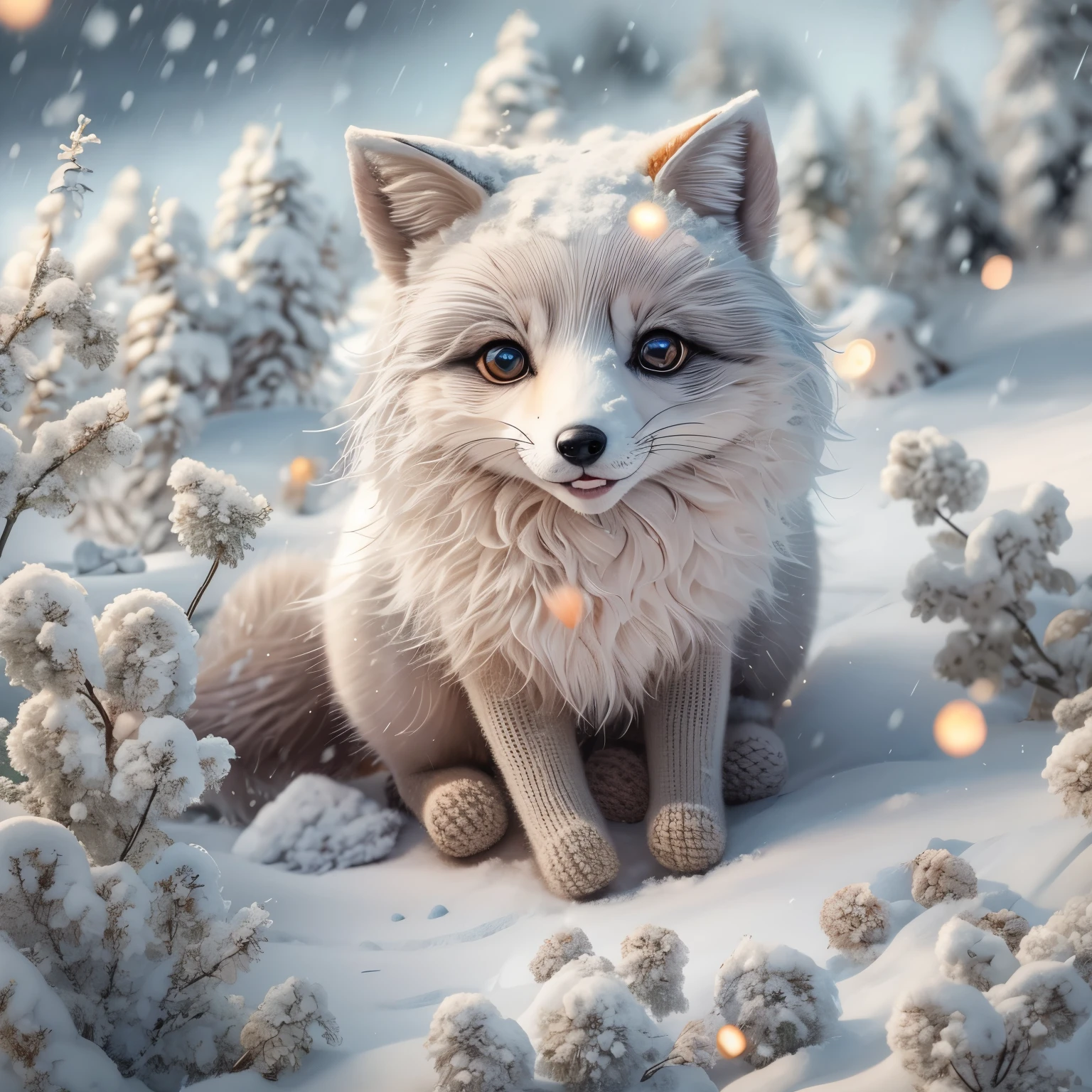 (La best quality,high resolution,super detailed,actual),Cute knitted arctic fox，in the snow，smiley face，（（A masterpiece full of fantasy elements）））， （（best quality））， （（intricate details））（8k）