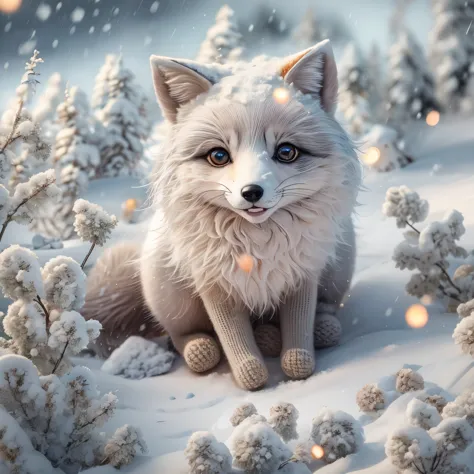 (La best quality,high resolution,super detailed,actual),Cute knitted arctic fox，in the snow，smiley face，（（A masterpiece full of ...