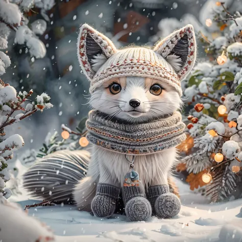 (La best quality,high resolution,super detailed,actual),Cute knitted arctic fox，in the snow，smiley face，（（A masterpiece full of ...