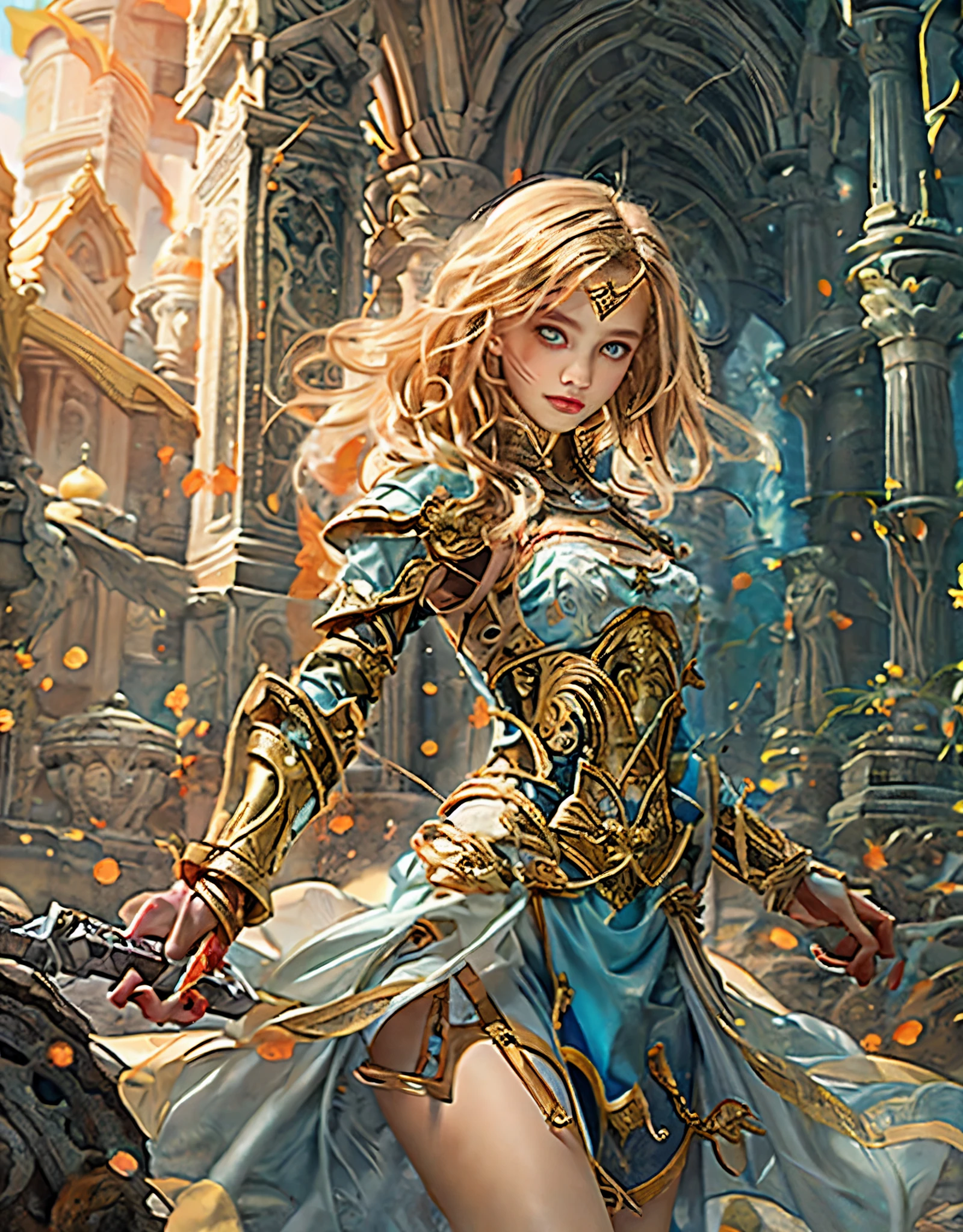 8k, RAW photo, best quality, masterpiece, realistic, photo-realistic, clear, professional lighting, beautiful face, best quality,ultra high res
BREAK

female hero,20 years old,short hair,golden hair,light brown hair,bright blue eyes,simple makeup,separated multi-layered armor,complex and luxurious decorations,midriff-baring,exposure-heavy,mystical and majestic ruins,(Full body, :1.4)(He holds a holy sword in his hand, with luxurious decoration and a mysterious and majestic presence, :1.4)