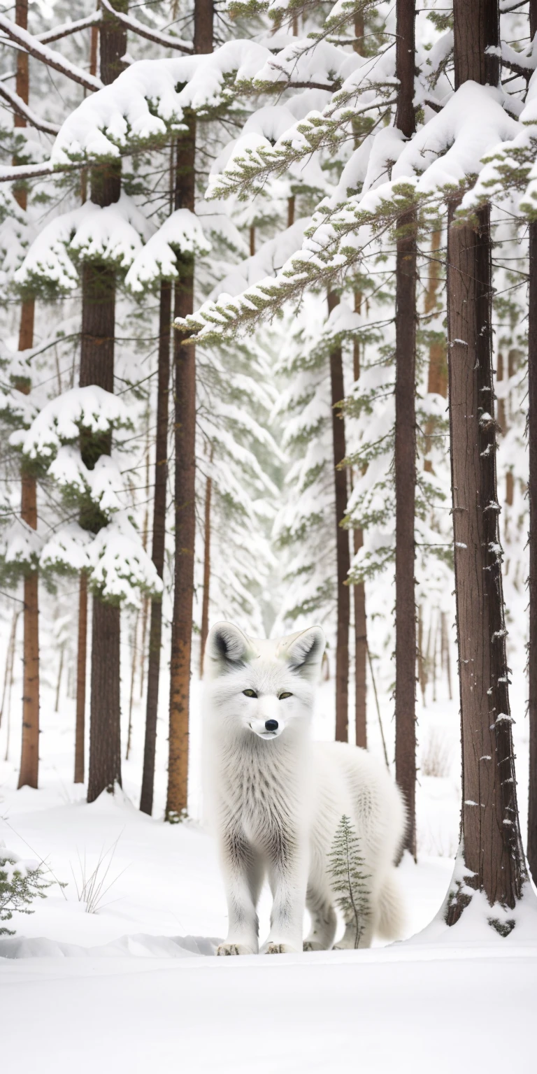 (obra maestra, mejor calidad, Súper detallado, natural), Bosque profundo cubierto de nieve.zorro ártico blanco.pequeño zorro blanco.lindo