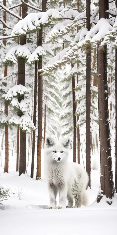 (masterpiece, best quality, Super detailed, lifelike), Snow covered deep forest.white arctic fox.Little white fox.cute