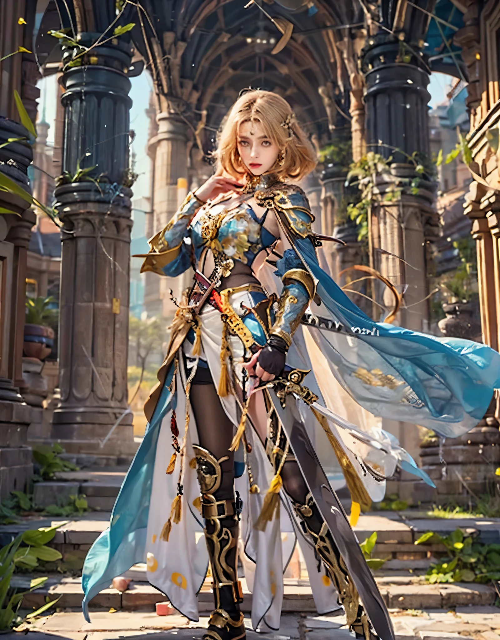 8k, RAW photo, best quality, masterpiece, realistic, photo-realistic, clear, professional lighting, beautiful face, best quality,ultra high res
BREAK

female hero,20 years old,short hair,golden hair,light brown hair,bright blue eyes,simple makeup,separated multi-layered armor,complex and luxurious decorations,midriff-baring,exposure-heavy,mystical and majestic ruins,(Full body, :1.4)(He holds a holy sword in his hand, with luxurious decoration and a mysterious and majestic presence, :1.4)