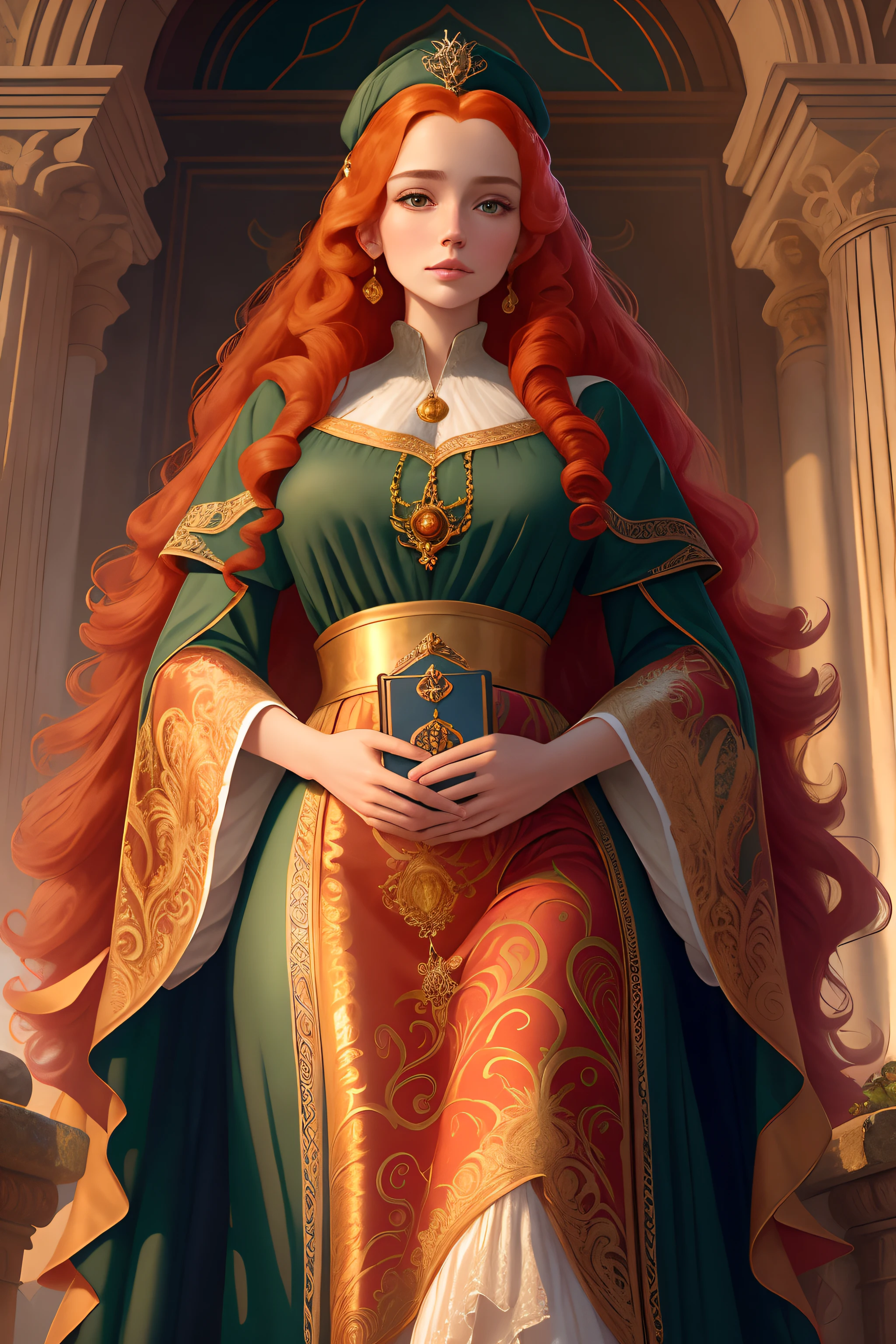 (FollyNobodySD15:0.8) medieval portrait fantasy (royalty:1.1) long [ginger|blonde] wavy hair princess glorious elaborate ornate royal emerald robes tiara gems standing in a detailed luxurious stone castle Game of Thrones Hogwarts bright morning light from window, (masterpiece:1.2) (best quality) (detailed) (intricate) (8k) (HDR) (wallpaper) (cinematic lighting) (sharp focus)