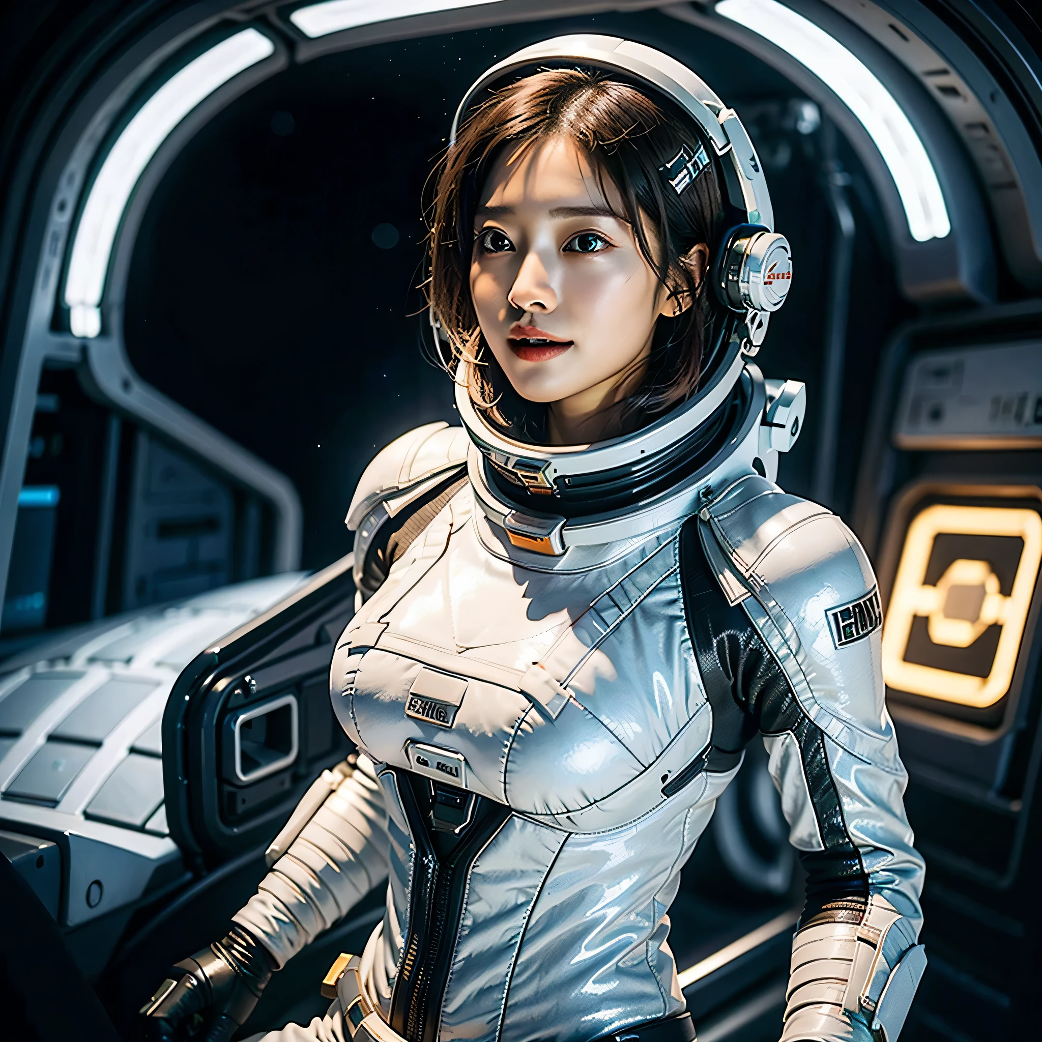 ((night, realistic light, best quality, 8k, masterpiece: 1.3)), (A stunning young woman in a sleek and form-fitting spacesuit, floating amidst a cluster of stars in outer space), (skylight from distant stars, creating a enchanting and otherworldly ambiance), Professional mirrorless camera.,High-resolution full-frame DSLR camera., (ethereal, Interstellar, The beauty of the universe, Starlight Temptation, heavenly grace, charming, enchanting.), Korean pop music, Idol, beautiful girl, korean girl, Perfect body, perfect hands ,Smile,open mouth, (short hair , brown hair), skin shiny, big breasts, night , neon lights,firmament,space_helmet, The most wonderful details, work,