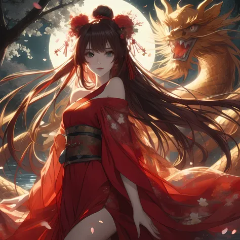 A woman in red stands next to the dragon, anime style 4k, Animation Art Wallpaper 8k, Anime Art Wallpaper 4k, Anime Art Wallpape...
