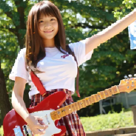 high school girl、white short sleeve uniform、Red checked miniskirt、owns a fender telecaster guitar、jumping、Peace sign in front of right hand、brown hair、Longe、E cup big breasts