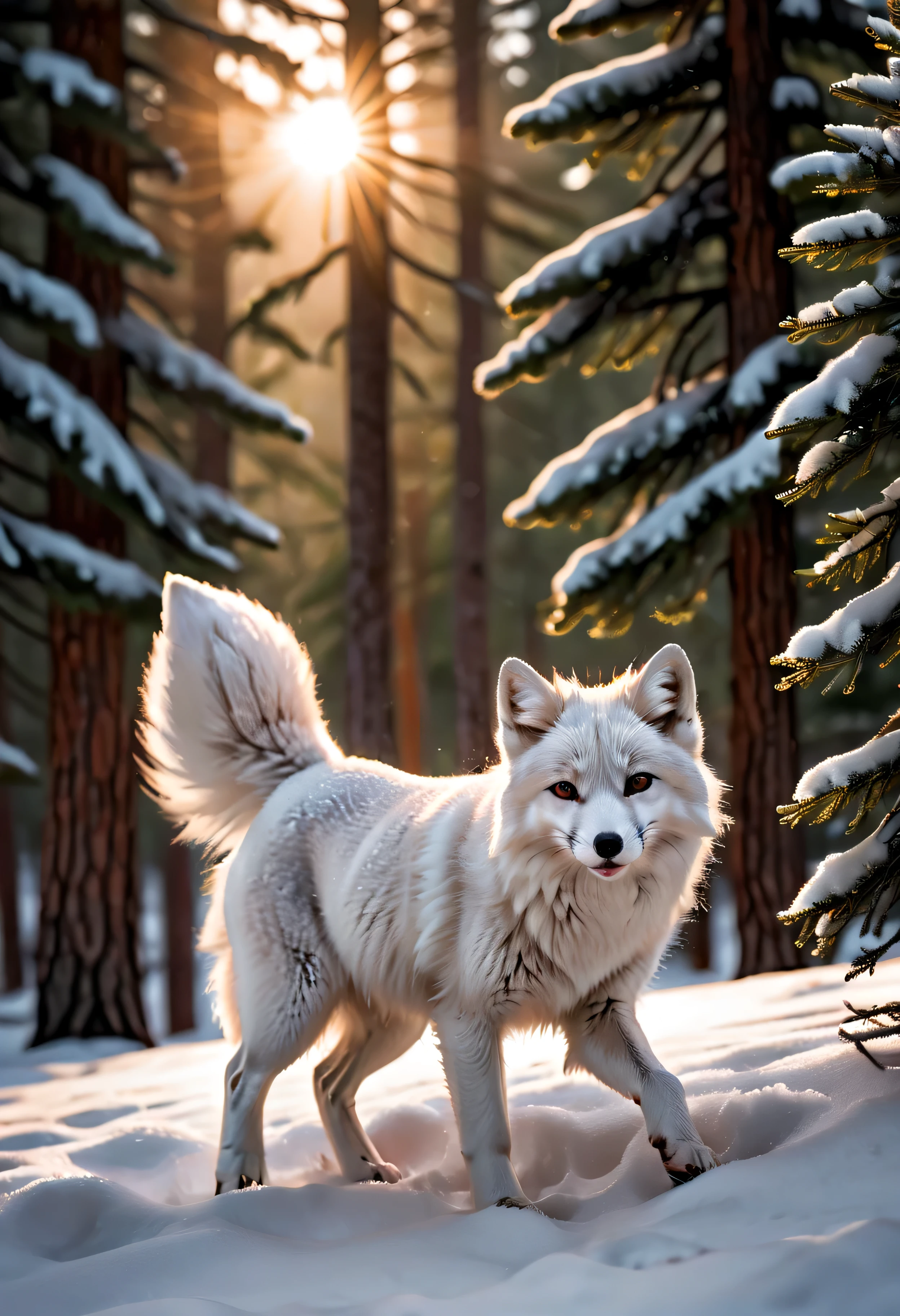 An arctic fox playfully plays in the pure snow, Fur glistens in the sun, Against the tranquil snow scene，In the background is an elegant row of white cedar trees, HD images, quality photos, Lifelike rendering, bright colors, Sharp details, national geographic style.