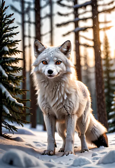 male arctic fox, Play happily in the pure white snowfield. The sun shines on its fur, Creates a dazzling silvery white light. Th...