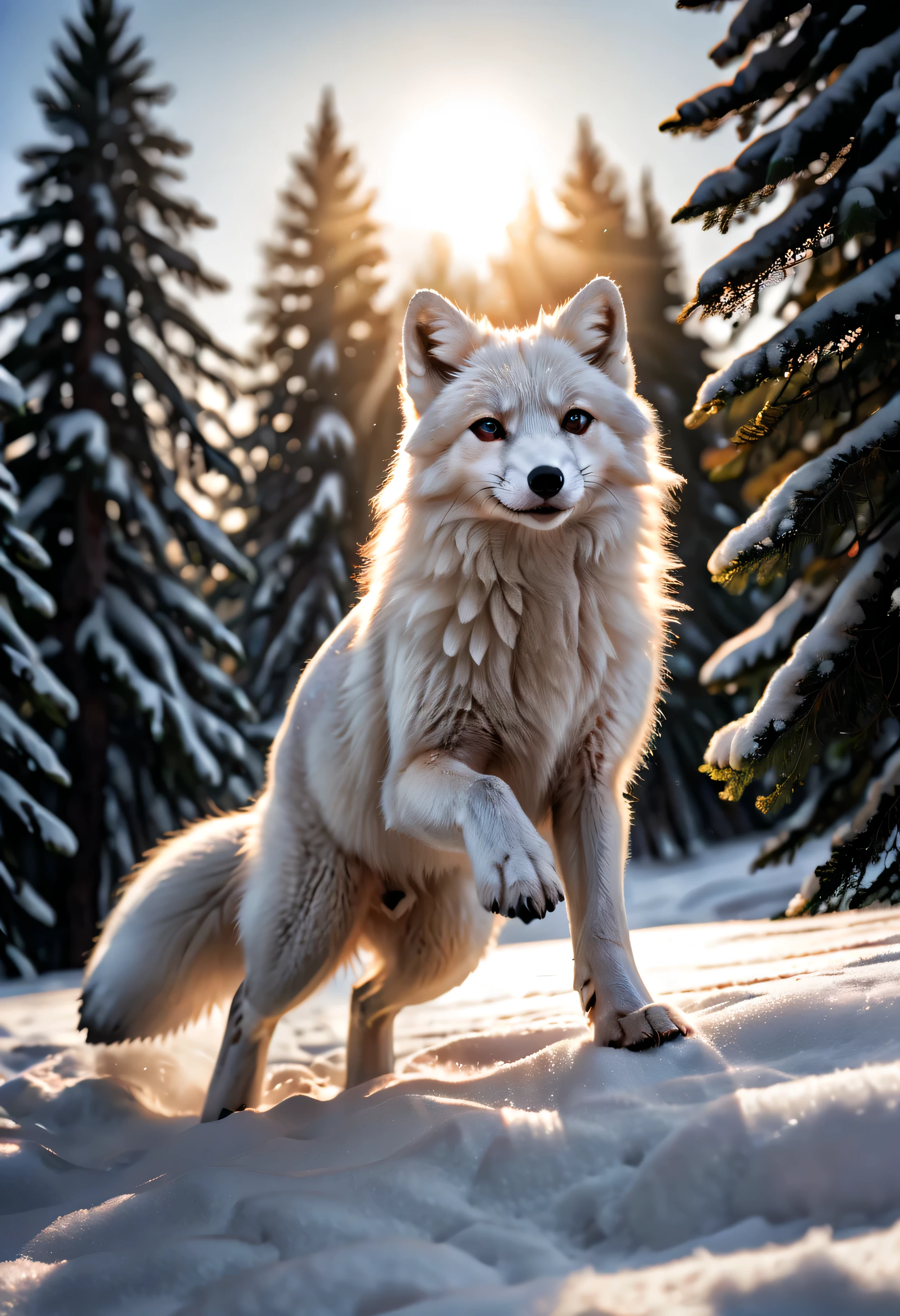 An arctic fox playfully plays in the pure snow, Fur glistens in the sun, Against the tranquil snow scene，In the background is an elegant row of white cedar trees, HD images, quality photos, Lifelike rendering, bright colors, Sharp details, national geographic style.