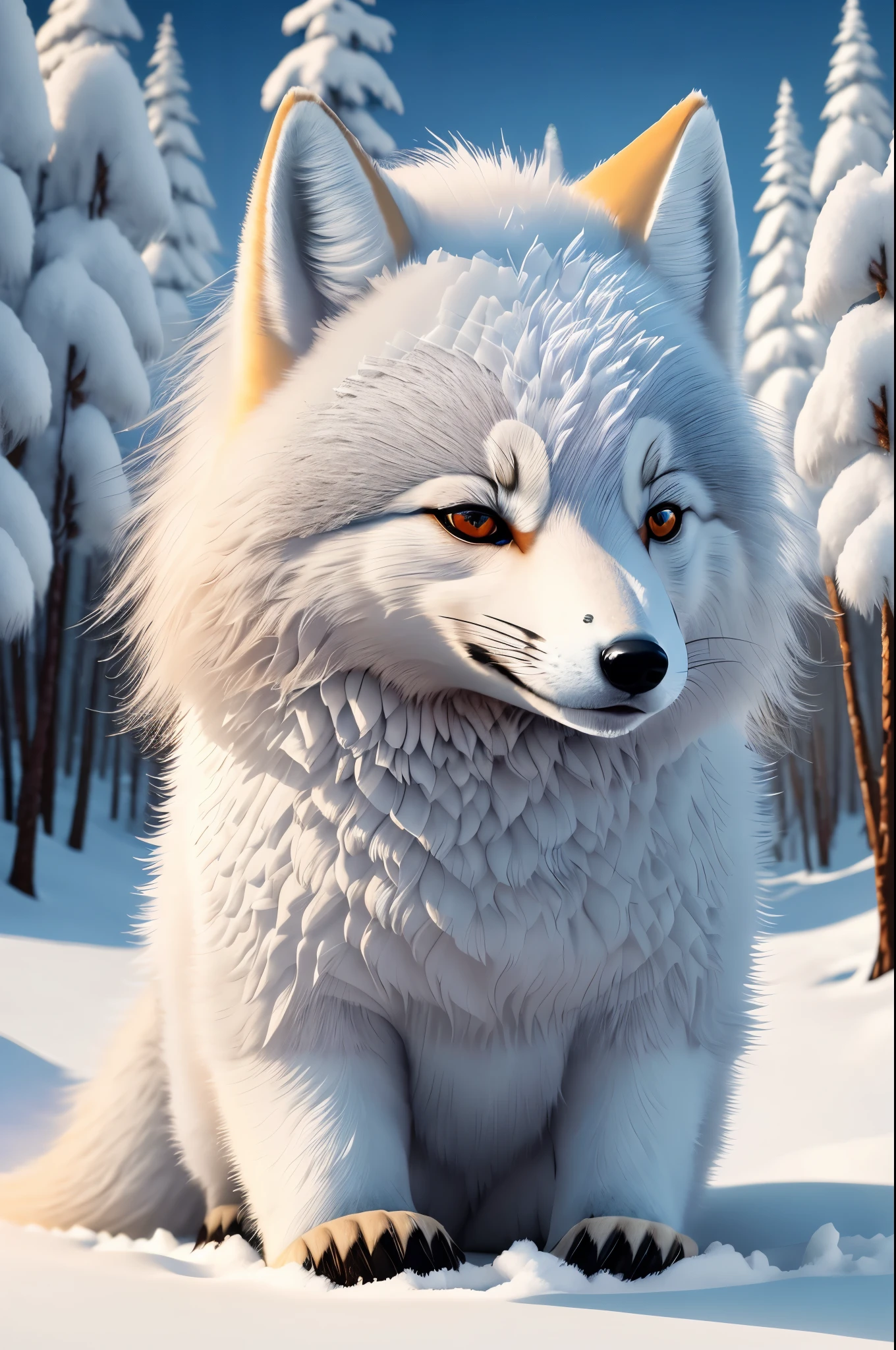 A male arctic fox, joyfully playing in a pure white snowy field. The sunlight shines on its fur, creating a dazzling silver-white shine. Surrounding the fox is a tranquil snowy landscape, with a row of neatly arranged snow-capped pine trees behind it, adding a beautiful backdrop to the scene. The high detail, ultra-quality, high-resolution, 1080p image captures the unique charm and natural beauty of the arctic fox. The fox's furry tail and sharp claws are particularly eye-catching. Its grey skin, grey ears, and golden eyes add many unique features to this arctic fox. Alone in the snow, the fox plays freely, exuding a sense of both solitude and .