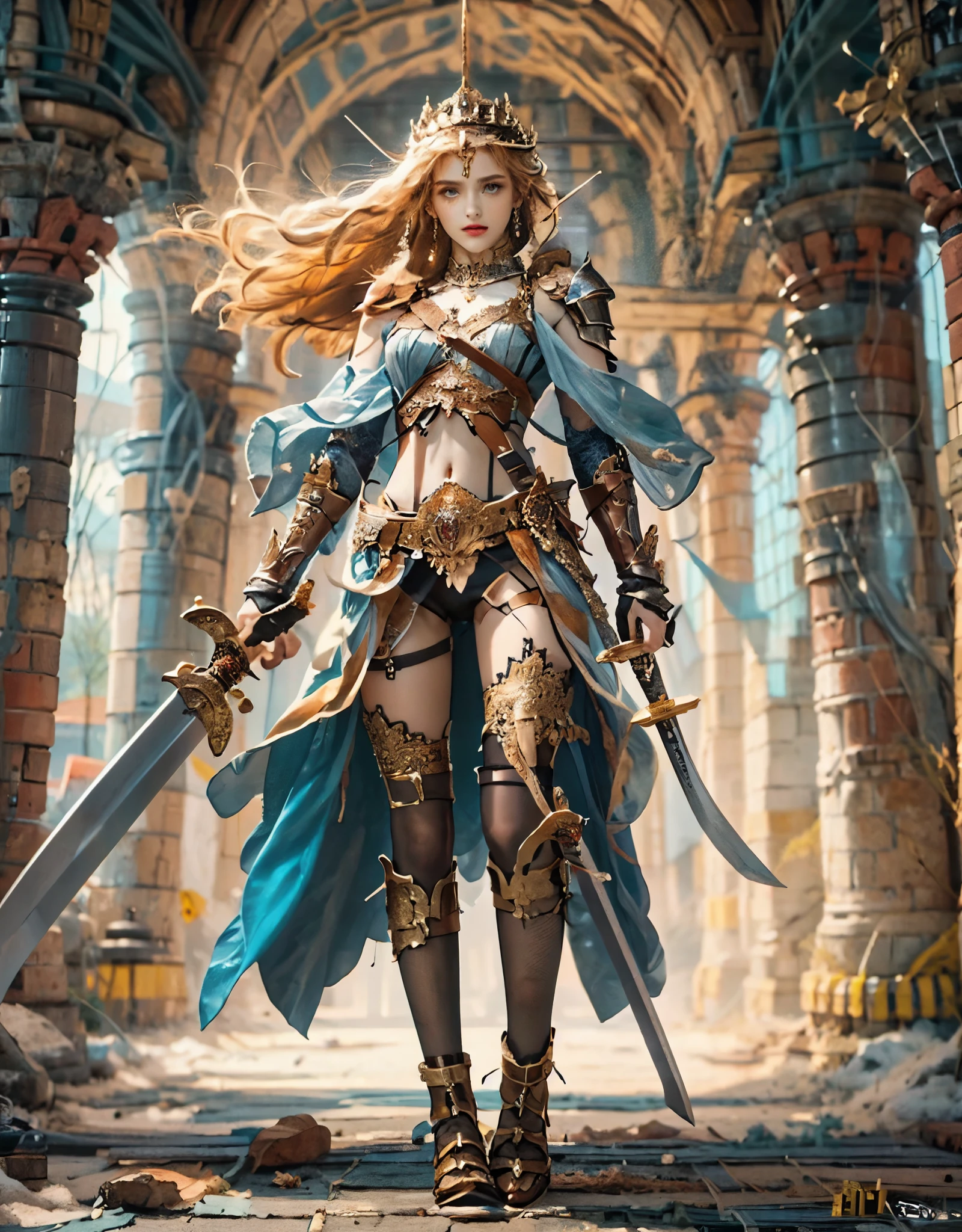 8k, RAW photo, best quality, masterpiece, realistic, photo-realistic, clear, professional lighting, beautiful face, best quality,ultra high res
BREAK
Super realistic photo,

female hero,20 years old,short hair,golden hair,light brown hair,bright blue eyes,simple makeup,separated multi-layered armor,complex and luxurious decorations,midriff-baring,exposure-heavy,mystical and majestic ruins,(Full body, :1.4)(Full body, :1.4)(He holds a holy sword high above his head with luxurious decoration and a mysterious and majestic presence:1.4)