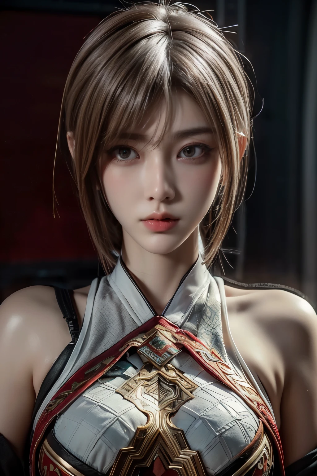 Masterpiece,Game art,The best picture quality,Highest resolution,8K,(Portrait),Unreal Engine 5 rendering works,(Digital Photography),((Portrait Feature:1.5)),
20 year old girl,Short hair details,With long bangs,(The red eye makeup is very meticulous),(White with short hair:1.4),(Large, full breasts),Elegant and noble,Brave and charming,
(Cyberpunk combat suit combined with the characteristics of Chinese fairy costume,Combined with the characteristics of Dunhuang costumes,Ribbon,Golden pattern),Cyberpunk figures,Big moon background,
Movie lights，Ray tracing，Game CG，((3D Unreal Engine))，OC rendering reflection pattern