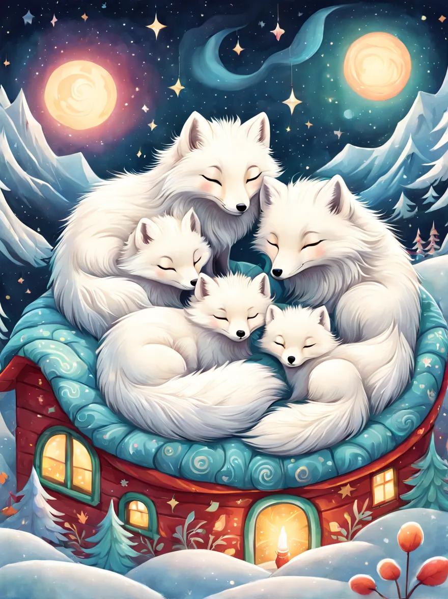 cuteillustration北极狐屋，arctic fox family，animal，hibernation，cute，sleep，Comfortable and warm，looks very happy，illustration，Populari...