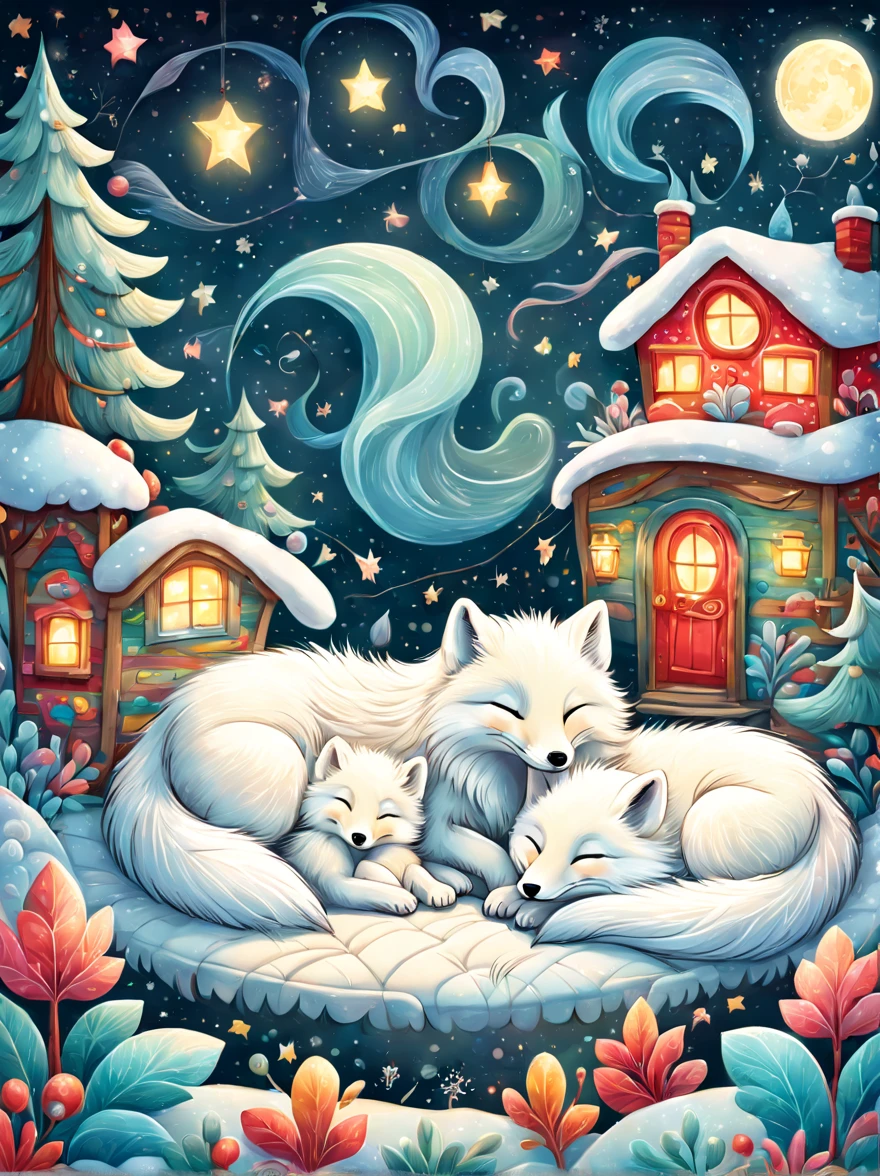 cuteillustration arctic fox house，arctic fox family，animal，hibernation，cute，sleep，Comfortable and warm，looks very happy，illustration，Popularity，Colorful，draw with thick lines，Farbe，dim，light，Arctic fox sleeping in hibernation，have a happy dream，The house is warm and full of happiness，Colorful，gaudy，fantasy，patchwork，Quilt，details details，fluffy，randolph caldecott style, KidsRedmAF