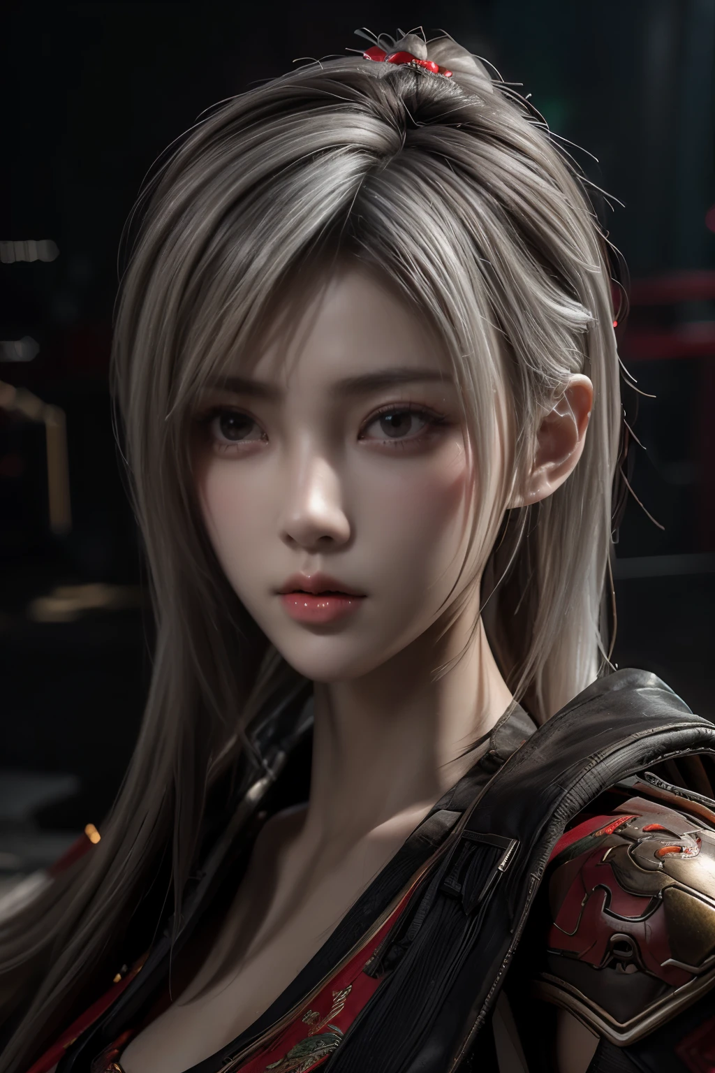 Masterpiece,Game art,The best picture quality,Highest resolution,8K,(Portrait),Unreal Engine 5 rendering works,(Digital Photography),((Portrait Feature:1.5)),
20 year old girl,Short hair details,With long bangs,(The red eye makeup is very meticulous),(White with short hair:1.4),(Large, full breasts),Elegant and noble,Brave and charming,
(Cyberpunk combat suit combined with the characteristics of Chinese fairy costume,Combined with the characteristics of Dunhuang costumes,Ribbon,Golden pattern),Cyberpunk figures,Big moon background,
Movie lights，Ray tracing，Game CG，((3D Unreal Engine))，OC rendering reflection pattern