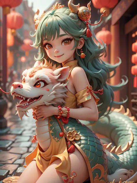 Q version，cartoon chinese dragon girl，Smile，（Petite and cute：1.5），（cute：1.5），modeling with clay，neon shades，Placed in a 3D scene...