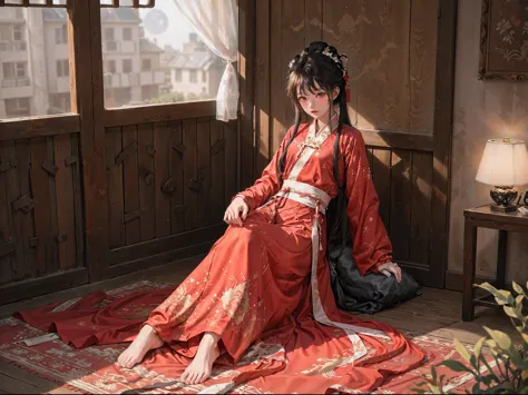 Ridiculous, Super detailed, (1 girl:1.3), Hand Painted, simple lines, 16-year-old girl wearing red Chinese Hanfu, on the bed, barefoot, indoor, moonlight, at night, nose blushing, leave, high resolution, masterpiece