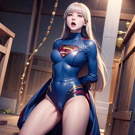software，（Ultra-realistic photo of Supergirl tied up in chains：1.2），superman tight fit suit，4k，8k，HDR，（Depth of the bounds written：1.2），Bokeh，hyper detail，（Naughty：1.2）facial expression，（Fat stature）,(((oily skin))),(Sweat),((Drool)),tears,broken clothes,F...