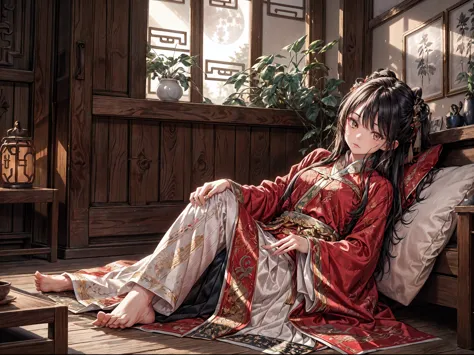 (Ridiculous,Super detailed),(1 girl:1.3),(Hand Painted,simple lines,16-year-old girl wearing red Hanfu,on the bed,barefoot,indoor,moonlight,at night,nose blushing,leave,high resolution,masterpiece),moonlight下的卧室里有一个 16 岁的女孩，wear (Vibrant red Chinese Hanfu)...