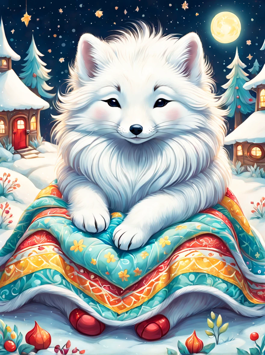 cuteillustration arctic fox house，Snow white arctic fox，hibernation，cute，sleep，Comfortable and warm，looks very happy，illustration，Popularity，Colorful，draw with thick lines，Farbe，dim，light，Arctic fox sleeping in hibernation，have a happy dream，The house is warm and full of happiness，Colorful，gaudy，fantasy，patchwork，Quilt，details details，fluffy，randolph caldecott style, KidsRedmAF