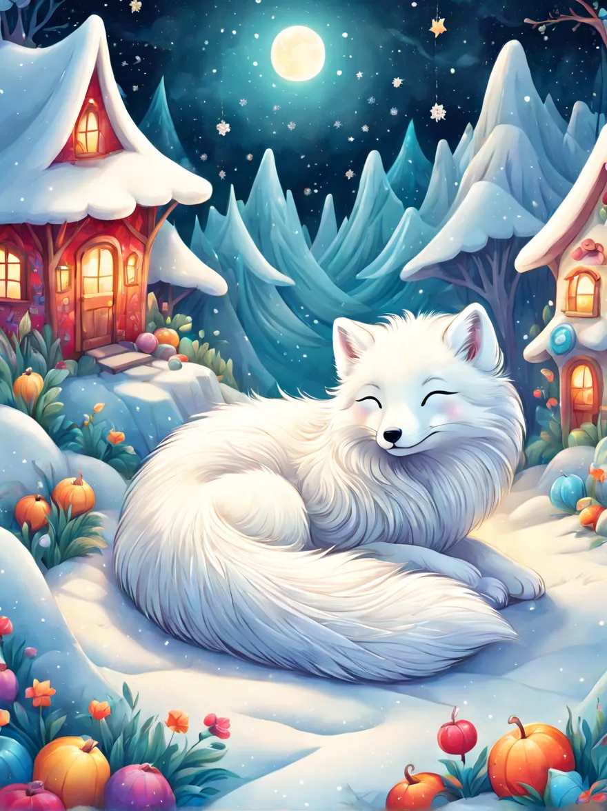 cuteillustration北极狐屋，Snow white arctic fox，hibernation，cute，sleep，Comfortable and warm，looks very happy，illustration，Popularity，...