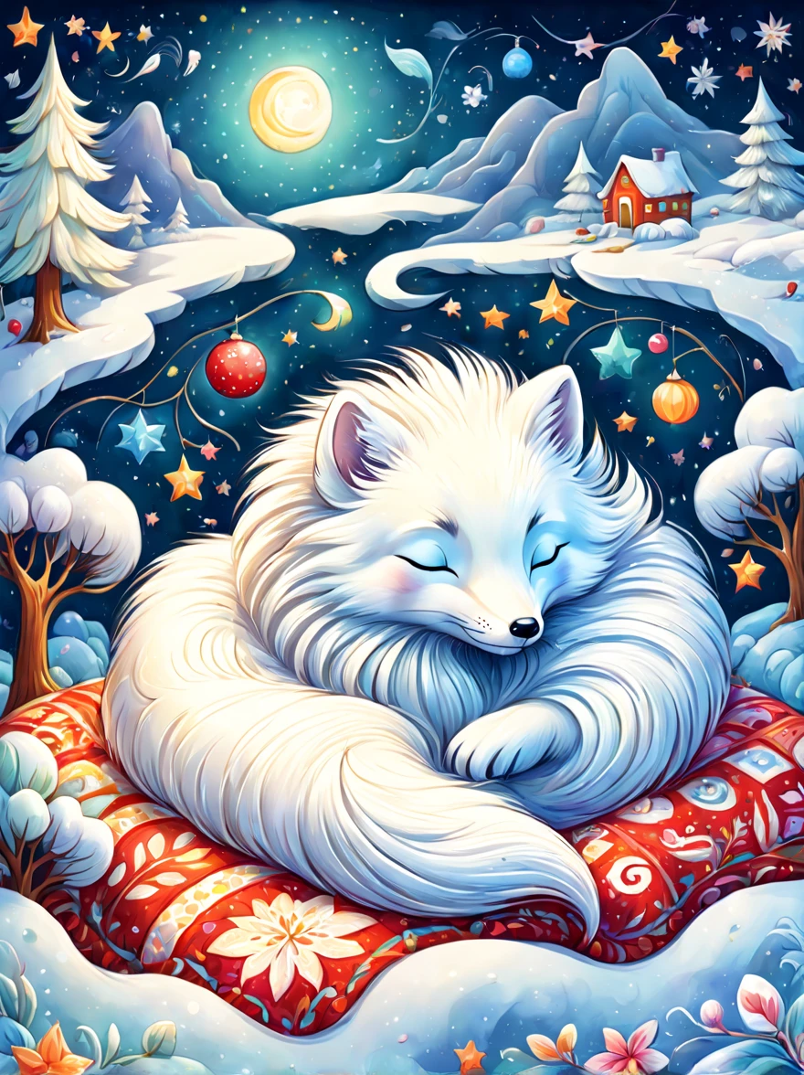 Mignonillustration北极狐屋，Renard arctique blanc comme neige，hibernation，Mignon，dormir，confortable et chaleureux，Il a l&#39;air très heureux，illustration，Popularité，Coloré，dessiner avec des lignes épaisses，couleur，faible，Lumière，hibernation renard arctique dormir，Fais un rêve heureux，La maison est chaleureuse et pleine de bonheur，Coloré，voyant，fantaisie，patchwork，édredon，détails détails，Duveteux，Style Randolph Caldecott, EnfantsRedmAF