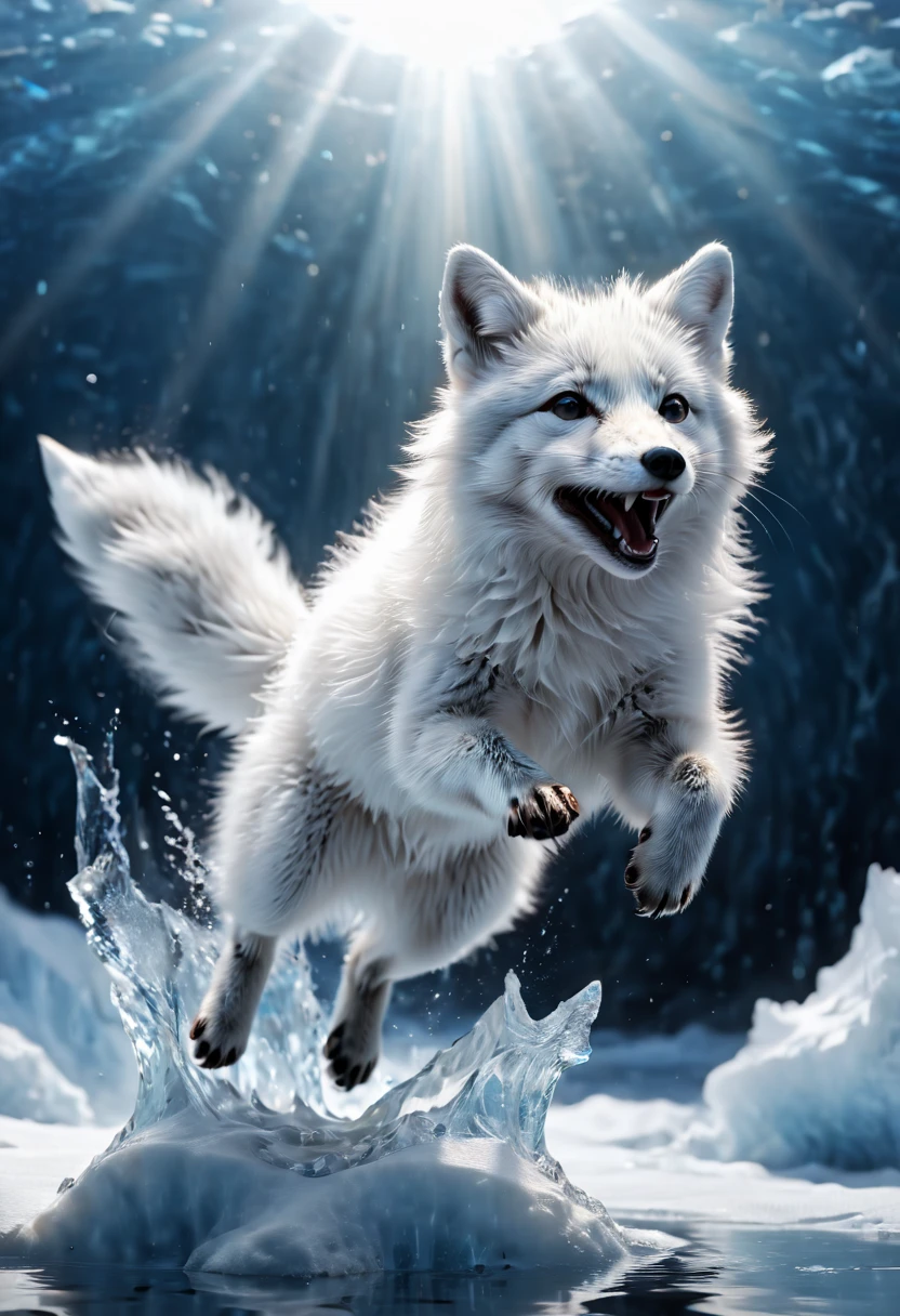 dynamic angle, a transparent ice arctic fox, jumping, elaborately designed, translucent, water element, drkfntasy, gleam, ultra realistic, extremely detailed CG unity 8k wallpaper, masterpiece, best quality