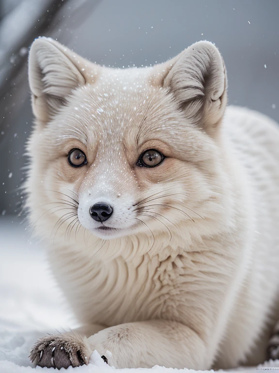 Closeup shot to arctic fox face, arctic fox,white fur,beautiful detailed eyes and face, imersial surroundings,snow-covered landscape, snowing, (best quality,highres),(realistic:1.37),wildlife photography,soft natural light,vivid colors