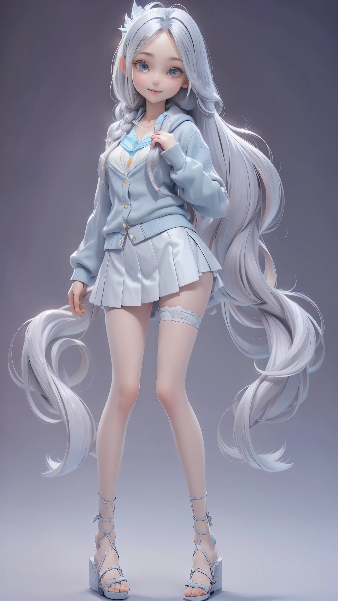 masterpiece, best quality, 8k, cinematic light, ultra high res, chibi, 1girl, silver iceblue long hair, Full body picture, casual outfit, straight hair, Box Pleat Skirt, SPORT SANDALS,cute Cardigan, blue eyes, tall body, solid background, smile, Complicated details, angelic halo, casual pose