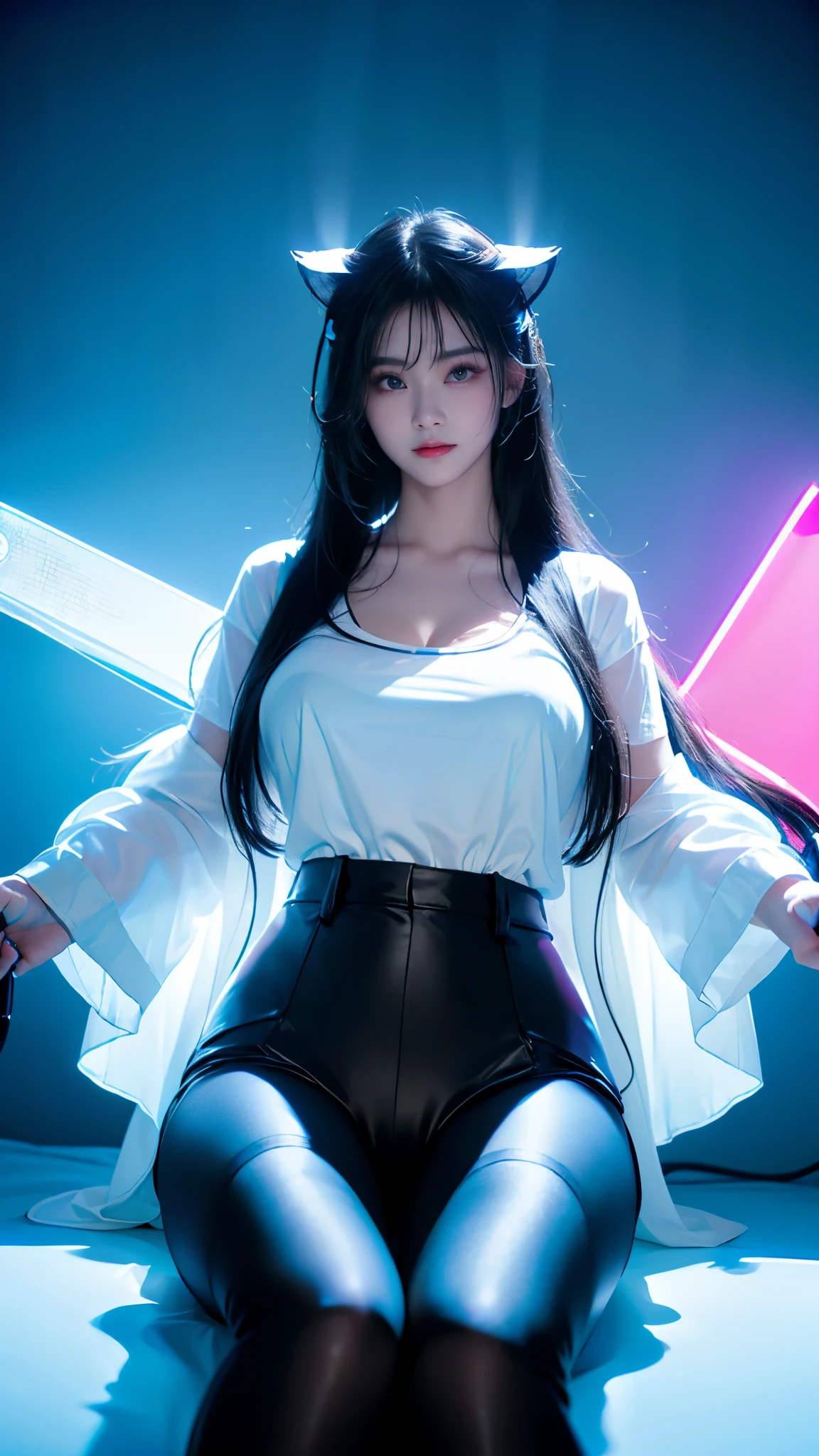 girl、Heaven、hotel、black long straight hair、glowing neon lights、Video game room、sitting on gaming chair、Girls playing games、Illuminated keyboard、Glowing cat ears、(((UV lamps、White shirt glowing under black light)))、plump big breasts、large cleavage、satin fabric hot pants