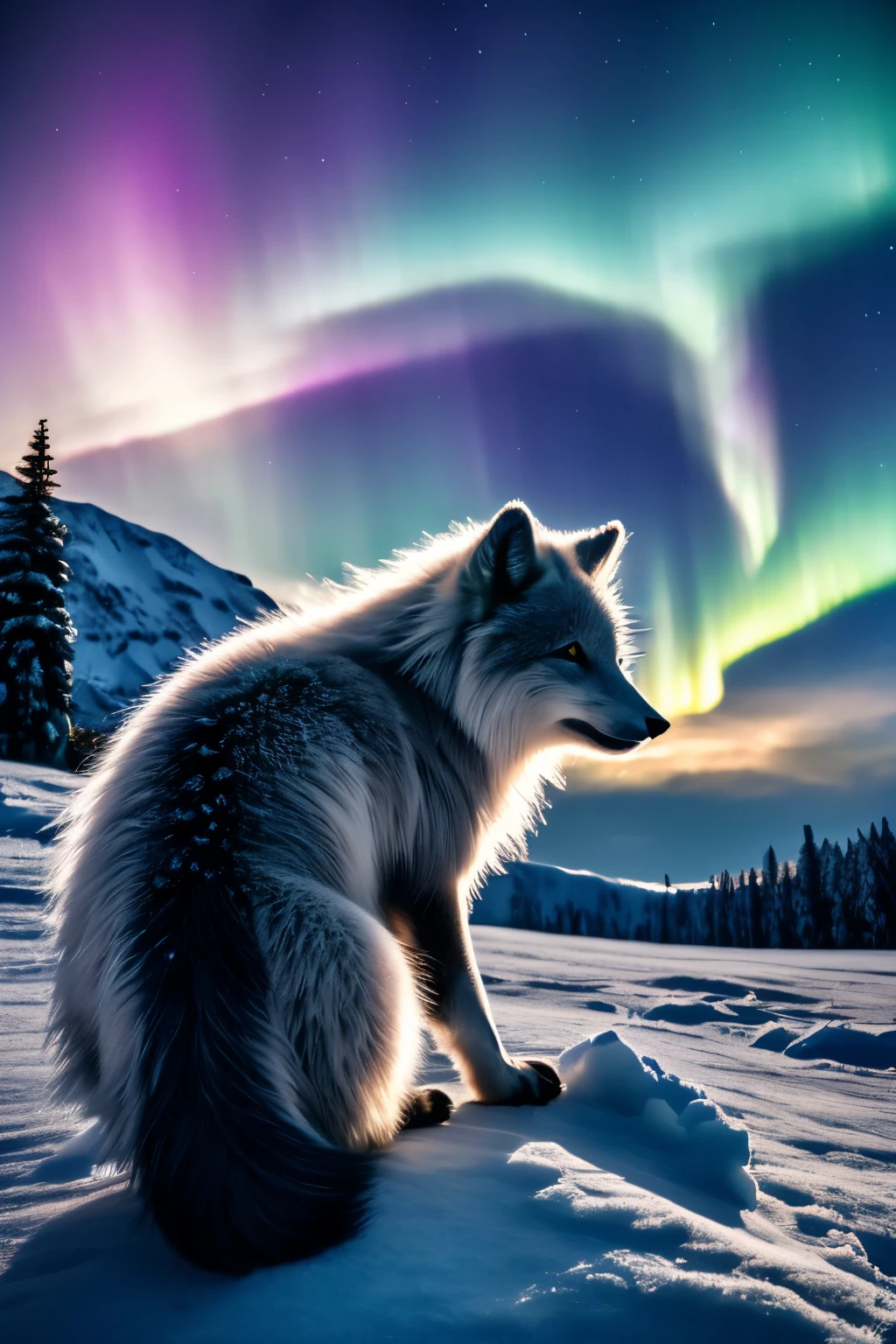 A lone wolf sitting in the snow with the aurora lights in the background -  SeaArt AI