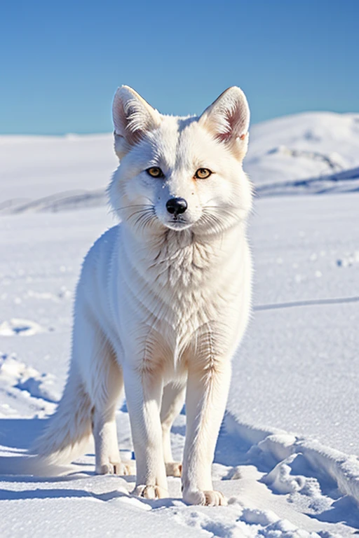 1 只白狐,最好的质量,杰作,高分辨率,雪草甸,阿尔卑斯山的光芒,下雪,白色毛皮,白尾,白耳朵,白皮肤,跑步