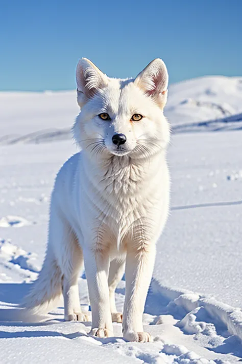 1 white fox,best quality,masterpiece,high resolution,snow meadow,alpenglow,snowing,white fur,white tail,white ears,white skin,ru...