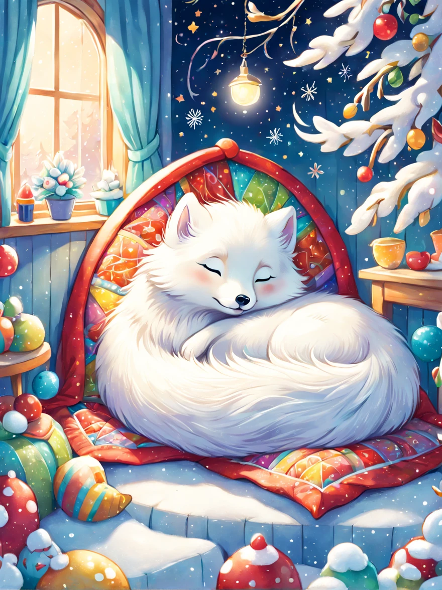 cuteillustration arctic fox house，Snow white arctic fox，hibernation，cute，sleep，Comfortable and warm，looks very happy，illustration，Popularity，Colorful，draw with thick lines，Farbe，dim，light，Arctic fox sleeping in hibernation，have a happy dream，The house is warm and full of happiness，Colorful，gaudy，fantasy，patchwork，Quilt，details details，fluffy，randolph caldecott style, KidsRedmAF