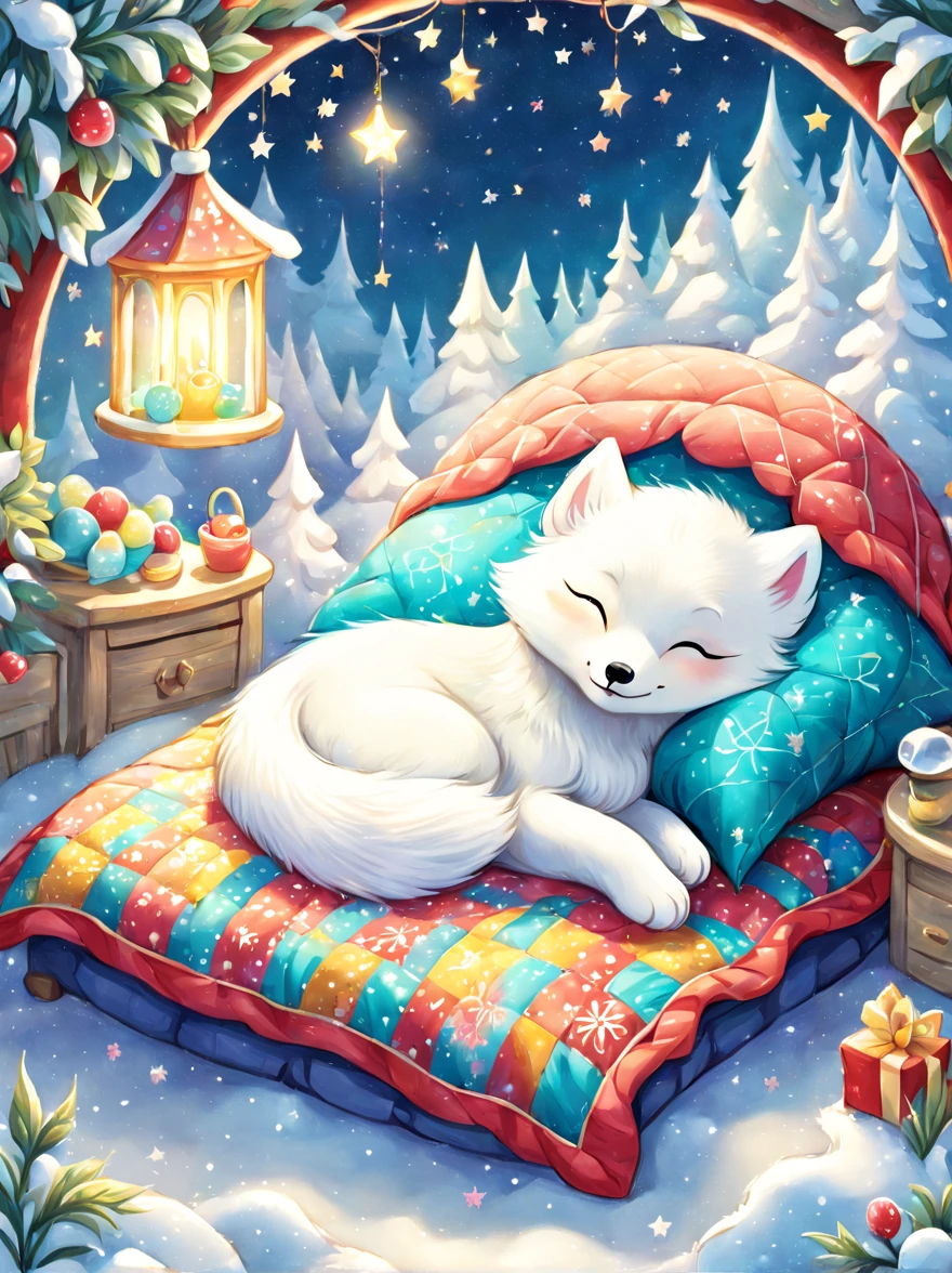 cuteillustration arctic fox house，Snow white arctic fox，hibernation，cute，sleep，Comfortable and warm，looks very happy，illustration，Popularity，Colorful，draw with thick lines，Farbe，dim，light，Arctic fox sleeping in hibernation，have a happy dream，The house is warm and full of happiness，Colorful，gaudy，fantasy，patchwork，Quilt，details details，fluffy，randolph caldecott style, KidsRedmAF