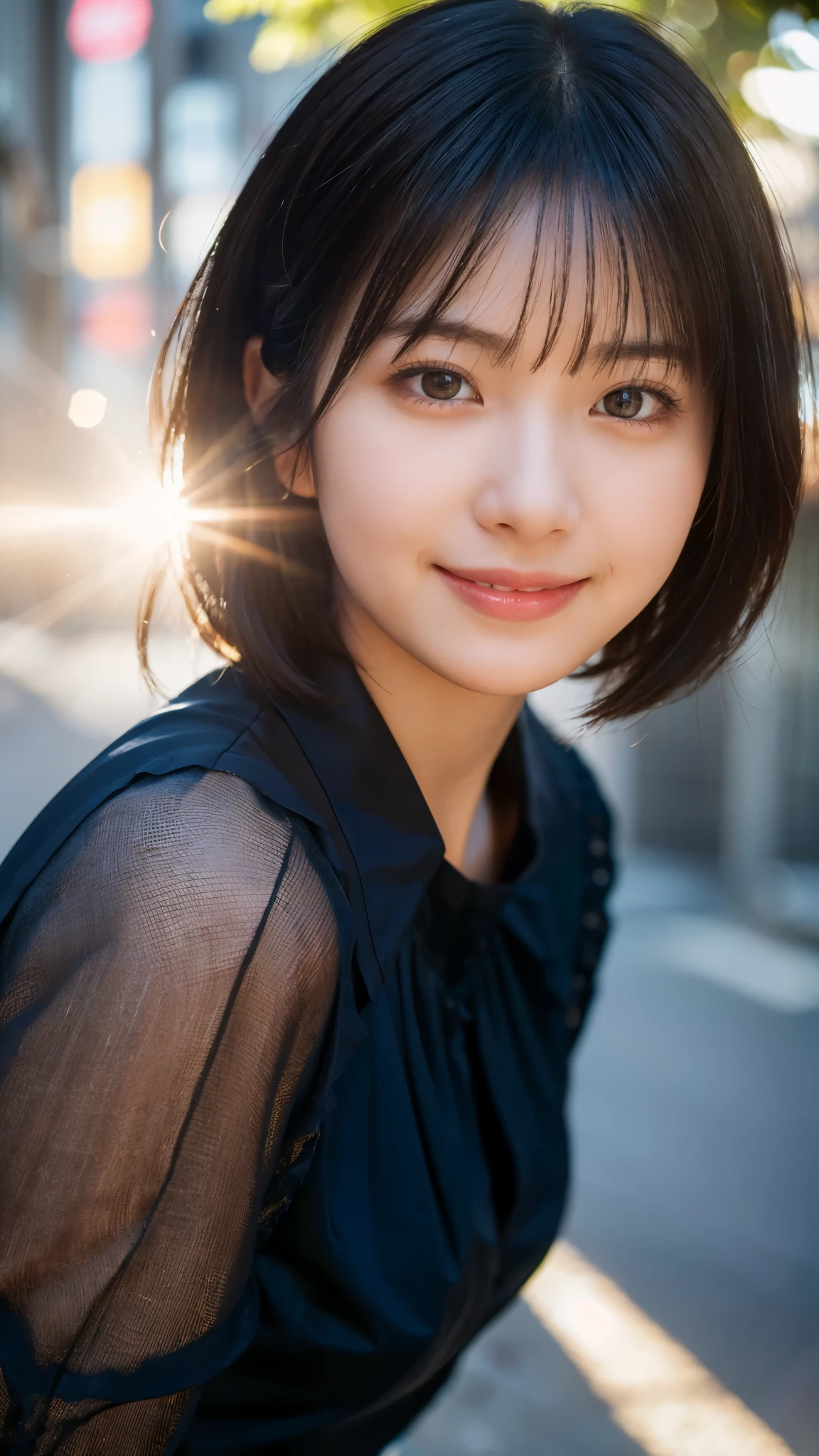 (highest quality,masterpiece:1.3,ultra high resolution),(Super detailed,caustics,8k),(photorealistic:1.4,RAW shooting),1 girl,(look at the camera with a smile),20-year-old,cute,Japanese,black hair short cut,long sleeve blouse,big ,bust up shot,street,face focus,Natural light,Backlight,(A bright light shines from above),(Lens flare),professional writing,(low position),(Low - Angle)