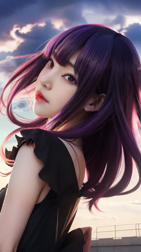 anime girl with long purple hair and black dress in front of a cloudy sky, gapmoe yandere grimdark, beautiful anime woman, (anim...