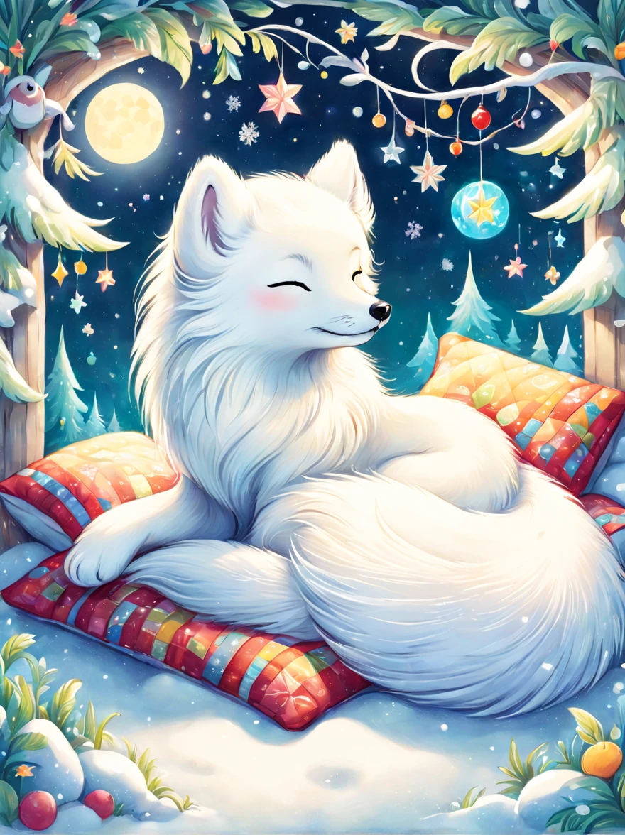 cuteillustration arctic fox house，Snow white arctic fox，hibernation，cute，sleep，Comfortable and warm，looks very happy，illustration，Popularity，Colorful，draw with thick lines，Farbe，dim，light，Arctic fox sleeping in hibernation，have a happy dream，The house is warm and full of happiness，Colorful，gaudy，fantasy，patchwork，Quilt，details details，fluffy，randolph caldecott style, KidsRedmAF