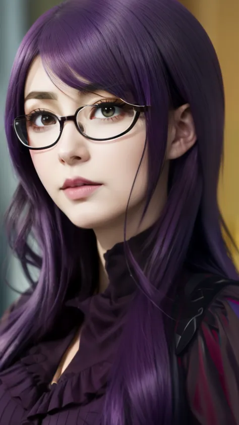 a close up of a woman with glasses and a purple hair, shalltear from overlord, in the anime series ergo proxy, misato katsuragi,...